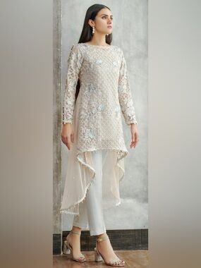 Threads and Motifs Pakistani High-Low Dress with Trouser and Pearl Dupatta